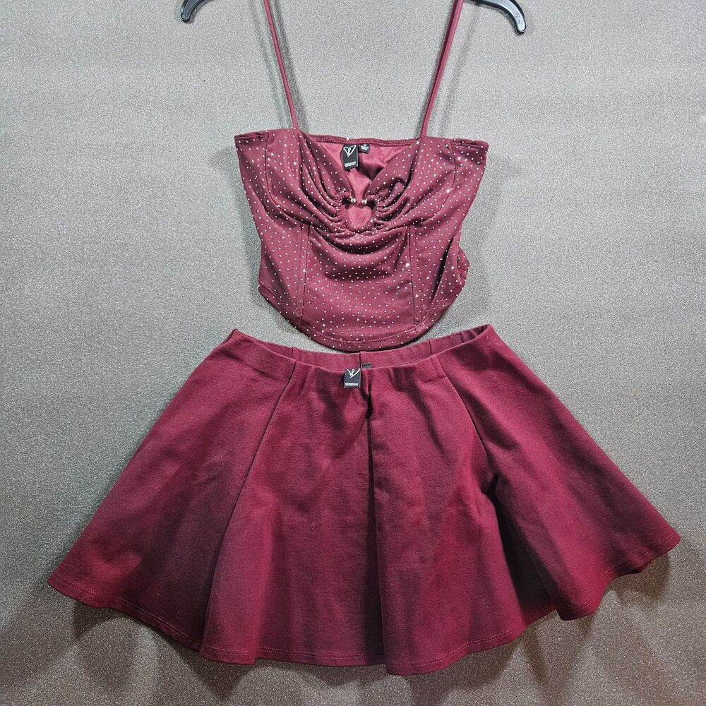Windsor 2 Piece Outfit Set Size M Burgundy Rhinestone Crop Top Skater Skirt